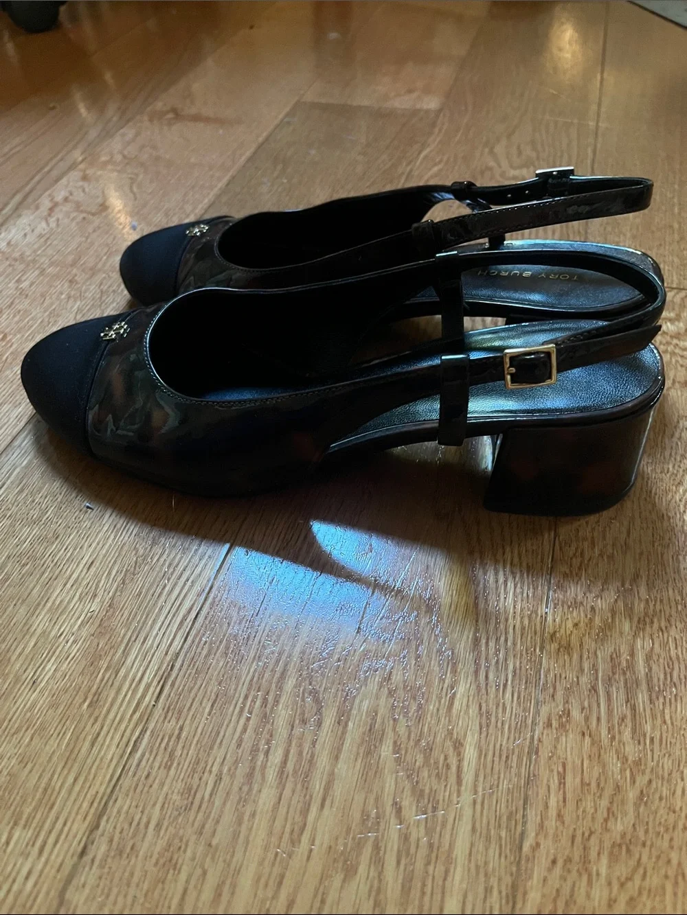 Tory Burch Black and Tortoiseshell Slingback Flats